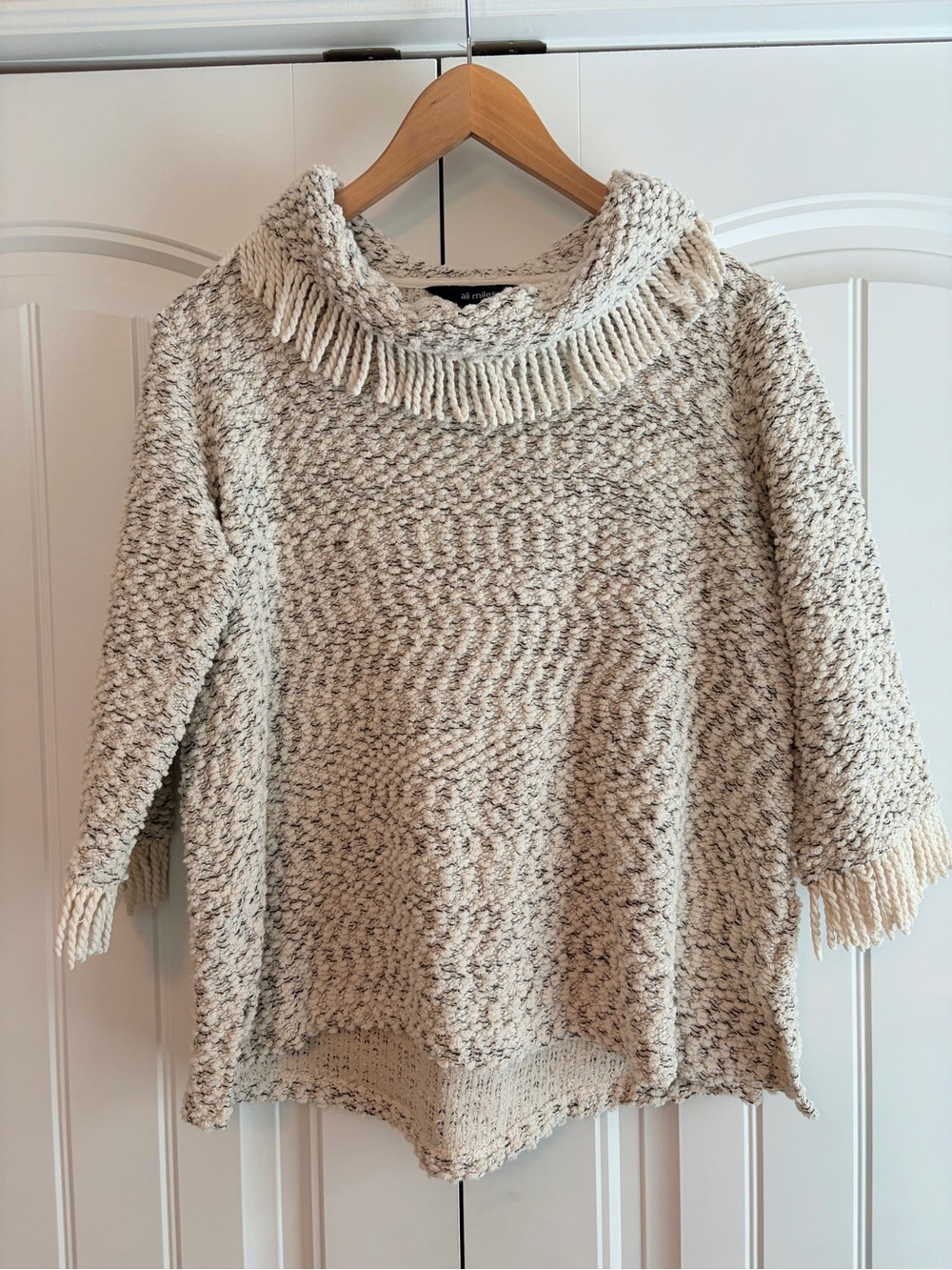 Ali Miles Fringed Popcorn Textured Knit Sweater Cowl Neck 3/4 Sleeve Womens Sz S